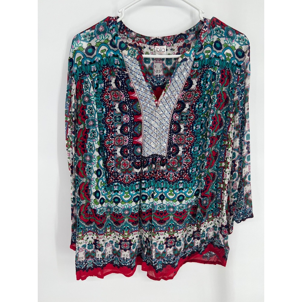 Bila Womens XXL Paisley Medallion Sequin‎ V-Neck Tunic Blouse Multicolor CU140